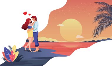 Mutlu sevgililer günü illüstrasyon. Seven çift, gece yıldızlar ve ay sahilde altında romantik bir balayı. Vektör çizim - vektör