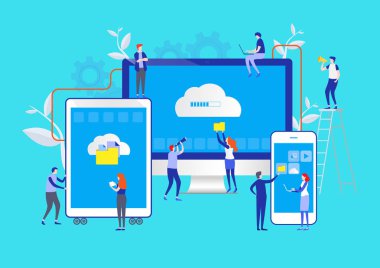 Büyük veri. Bulut Online veri. Depolama sistemi. Düz çizgi film minyatür illüstrasyon vektör grafiği beyaz arka plan üzerinde.