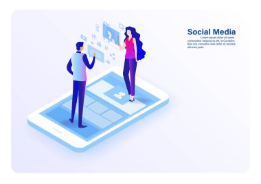 Sosyal medya ve insan kavramı. Düz çizgi film minyatür illüstrasyon vektör grafiği beyaz arka plan üzerinde.