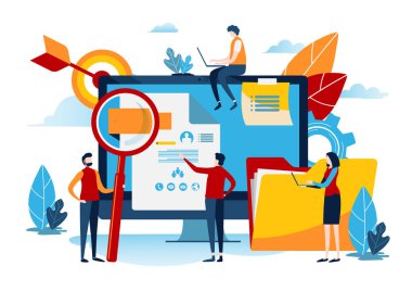 İnsan kaynakları gereksinimleri. Yönetim kavramı. Minyatür insanlar. Beyaz arka plan üzerinde ticari illüstrasyon vektör grafik.