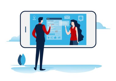 Sosyal ağlar. sanal iletişim. Online topluluk. sohbet, mesaj gönder, e-posta. Düz çizgi film minyatür illüstrasyon vektör grafiği beyaz arka plan üzerinde.