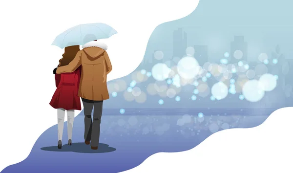 Valentine Dag Concept Liefdevolle Paar Wandelen Onder Paraplu Herfst Seizoen — Stockvector