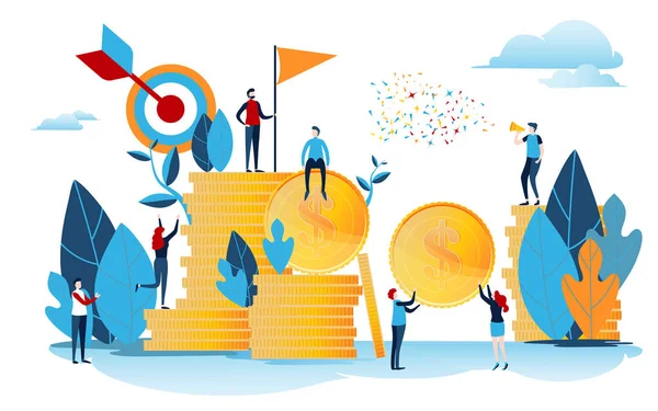 Yatırımcılar para tutar. Finansman yaratıcı bir fikir. Başarı kavramı. Altın sikke ile iş adamı. Projeyi başlatın. Düz çizgi film minyatür karakteri. Vektör çizim tasarım beyaz arka plan üzerinde.