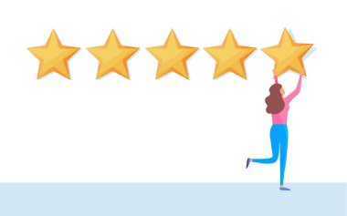 Kullanıcı geribildirim kaydırma gözden geçirin. Beş yıldızlı rating vererek müşteri. Düz çizgi film illüstrasyon vektör grafiği beyaz arka plan üzerinde.