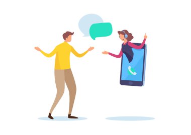 Online müşteri hizmetleri. Çağrı merkezi desteği. Çizgi film minyatür illüstrasyon vektör grafiği beyaz arka plan üzerinde.