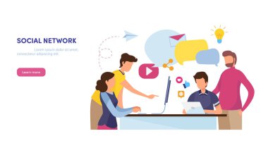Sosyal ağ. Online topluluk. İçerik Pazarlama. Sosyal medya, gibi paylaşım, posta. Düz çizgi film illüstrasyon vektör grafiği beyaz arka plan üzerinde.