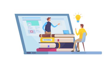 Online eğitim, eğitim kursu. Öğreticiler, e-öğrenme, akıllı bilgi. Çizgi film minyatür illüstrasyon vektör grafiği beyaz arka plan üzerinde.