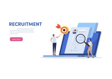 Online işe alım. İnsan kaynakları yönetimi. Çizgi film minyatür illüstrasyon vektör grafiği beyaz arka plan üzerinde.