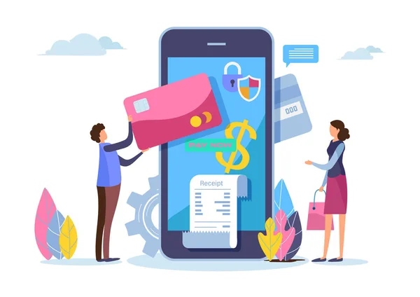 Online alışveriş. Smartphone ile dijital ödeme. Ödemeyi kredi kartıyla yaptı. Cep telefonunuzda alışveriş. Düz çizgi film minyatür. Beyaz arka plan üzerinde ticari illüstrasyon vektör grafik.