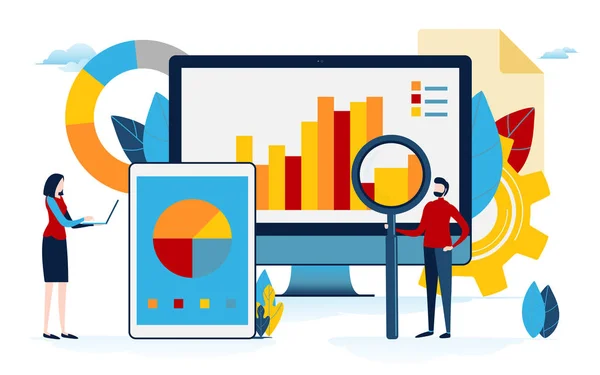 Data Analyse Bedrijfscontent Grafiek Cirkeldiagram Info Graphic Platte Cartoon Miniatuur — Stockvector