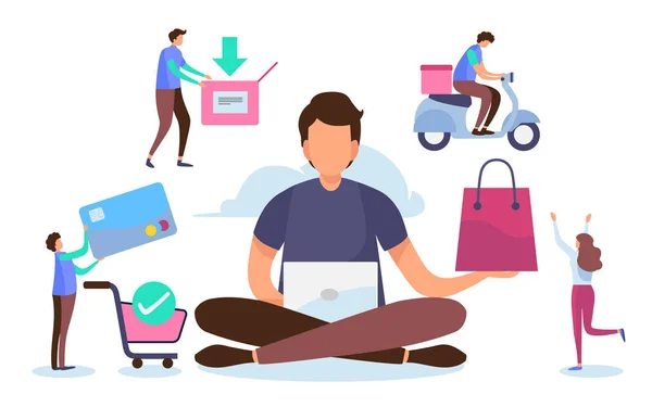 Compras Proceso Línea Concepto Marketing Soluciones Pago Digital Personaje Plano — Archivo Imágenes Vectoriales