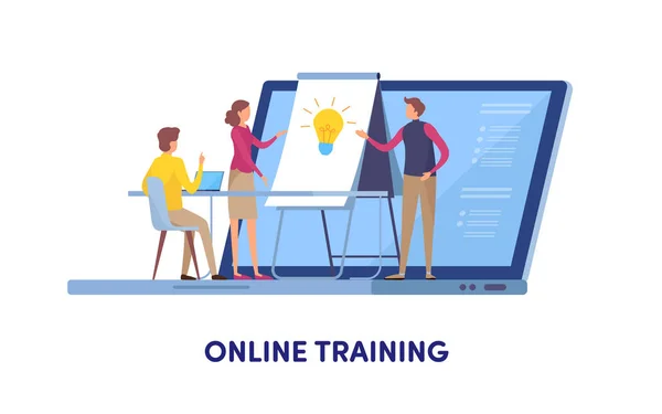 Çevrimiçi eğitim, Eğitim Merkezi, Online ders, eğitim, koçluk, seminer. Çizgi film minyatür illüstrasyon vektör grafiği beyaz arka plan üzerinde.