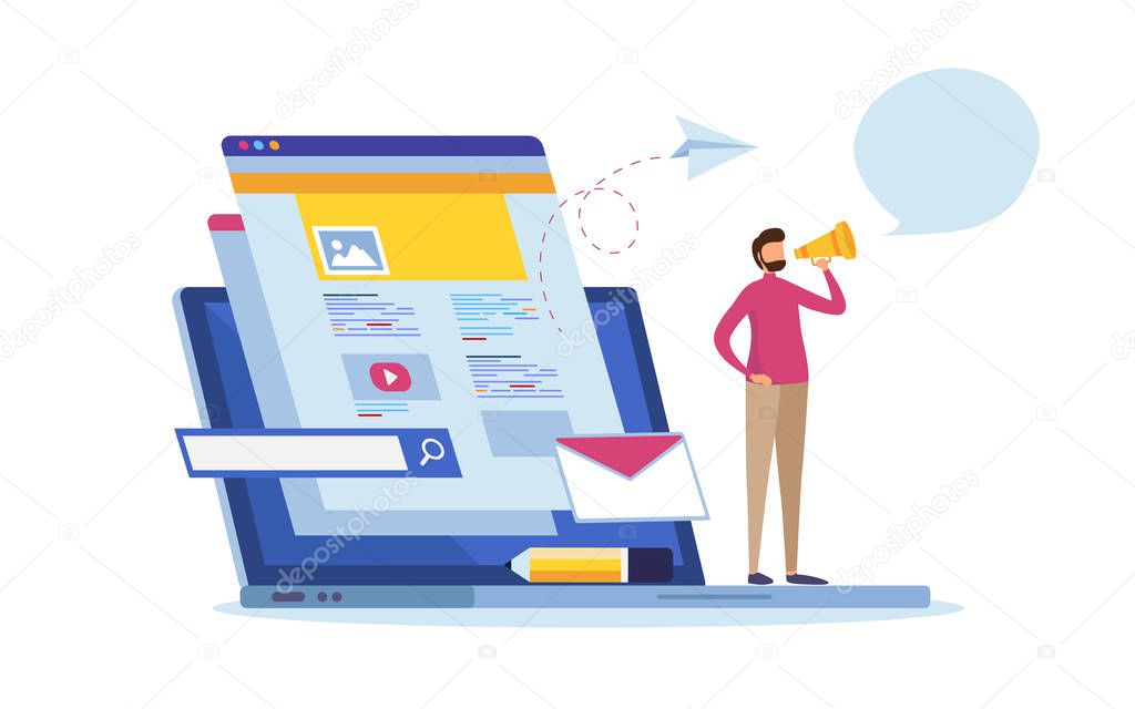 Online news, Web page information, Social media. Multimedia communication. Update content. Cartoon miniature  illustration vector graphic on white background.