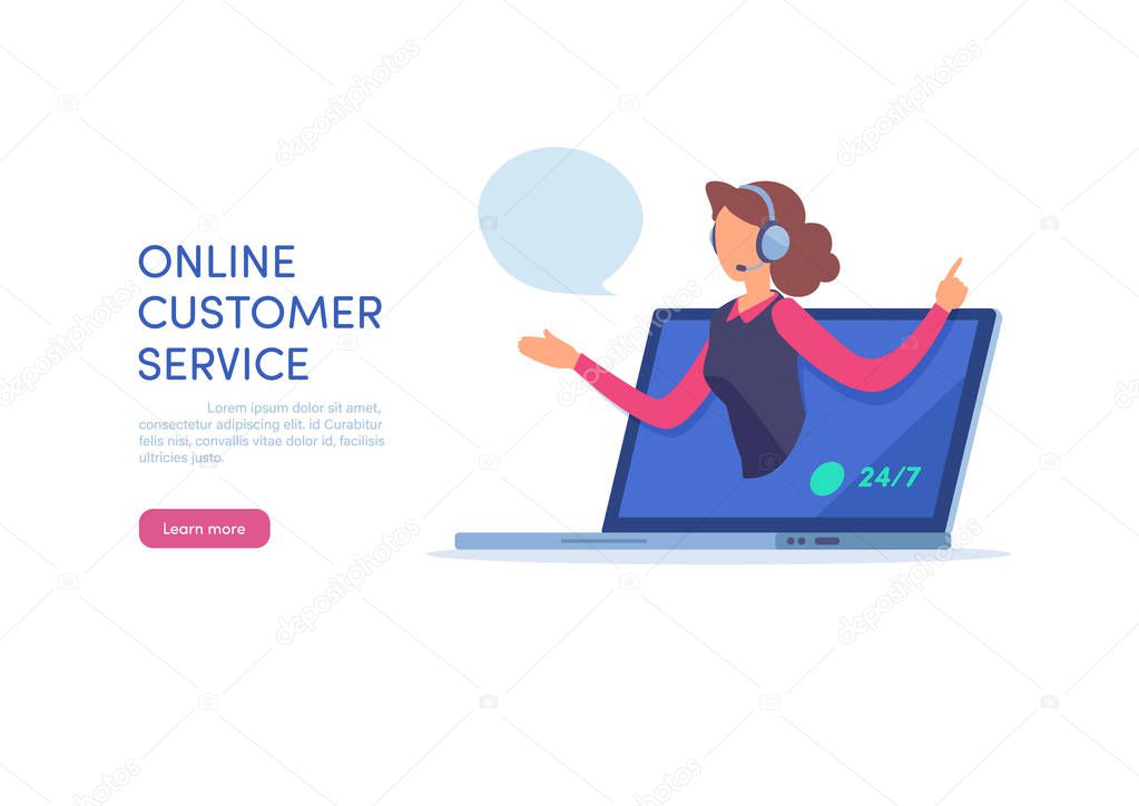 Online customer service. Call center support. Cartoon miniature  illustration vector graphic on white background. Web banner