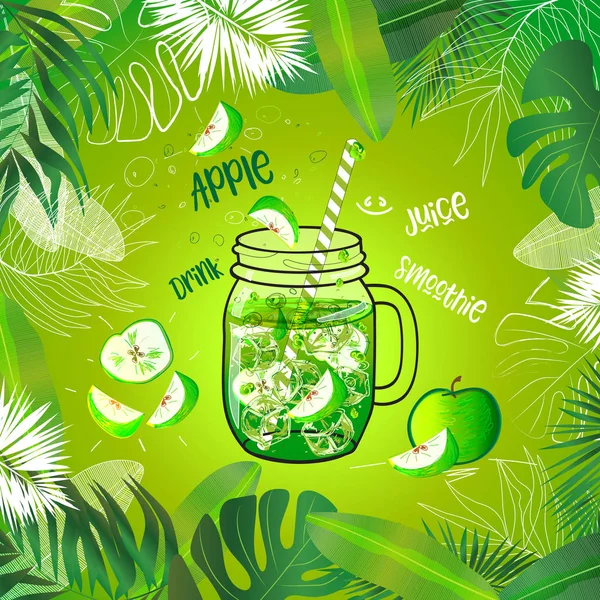 Bebida Manzana Verde Vector Tarro Albañil Decorado Con Hojas Tropicales — Vector de stock