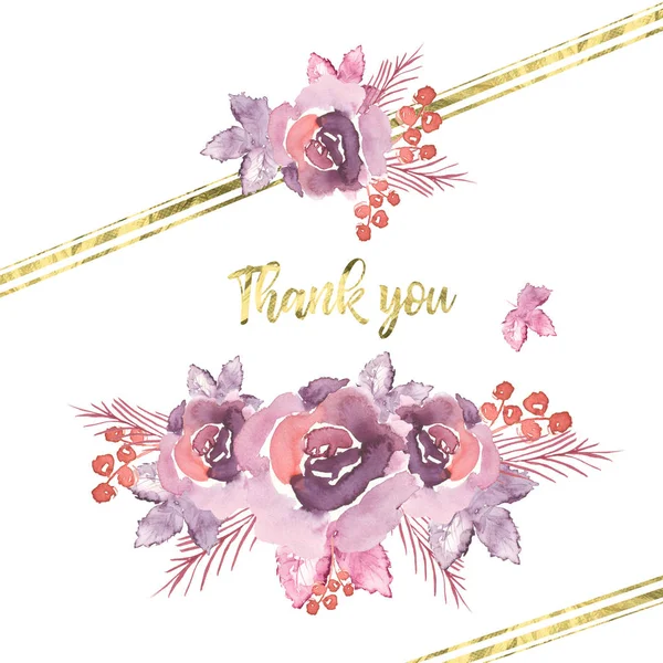 Thank You Card Template Decorated Golden Stripes Text Watercolor Roses — Stock Photo, Image