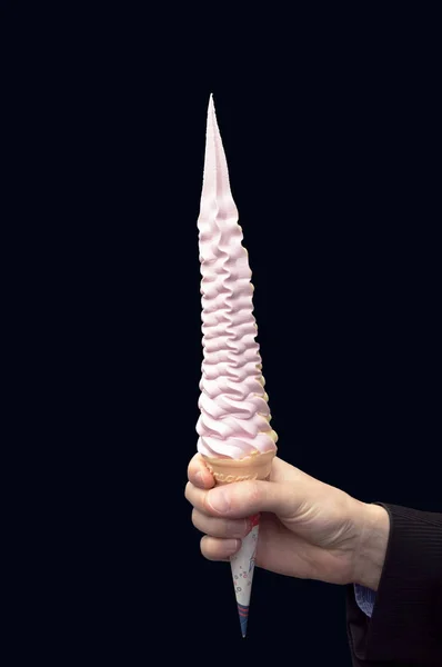 Man Hand Holding Long Ice Cream Cone Isolated Black Background — Stock Photo, Image