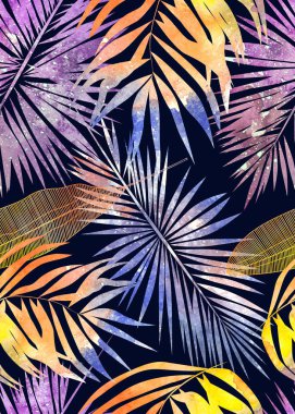 sulu boya Dikişsiz desen tropikal palmiye ve muz, mor, mavi ve turuncu renklerde koyu arka plan üzerinde bırakır.