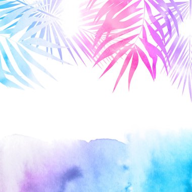 soyut renkli sulu boya palmiye yaprakları ve deniz alanı için metin ve güneş ışını ile