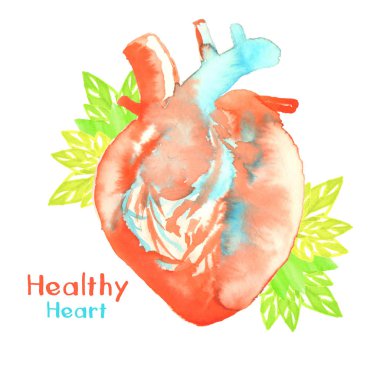 concept of healthy watercolor heart organ with green leaves isolated on white background clipart
