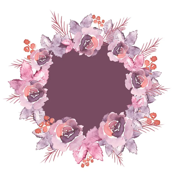 Virágos Kerek Keret Lila Akvarell Rózsák Bogyók Levelek Díszíti Azt — Stock Fotó