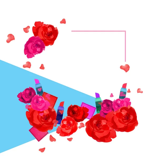 Gyönyörű Keret Akvarell Rózsák Rúzsok Szöveg Terület Dobozok — Stock Fotó