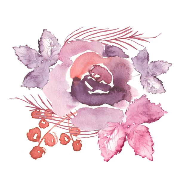 Фиолетовая Роза Акварелью Украшенная Ягодами Листьями Белом Фоне — стоковое фото