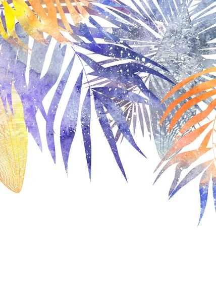 Aquarell Tropische Grenze Aus Einzigartigen Violetten Und Orangen Palmen Und — Stockfoto