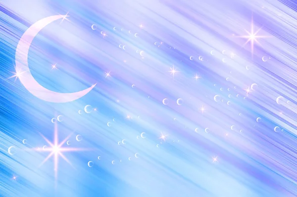 Güzel Mavi Arka Plan Ile Crescent Moon Parlayan Yıldız Kabarcıklar — Stok fotoğraf