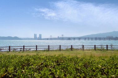 Köprü ve Busan dağlarda Park ışığında doğal peyzaj