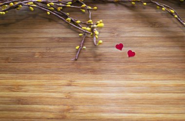 Bahar dalları ve kalpleri sıcak ahşap doku arka plan