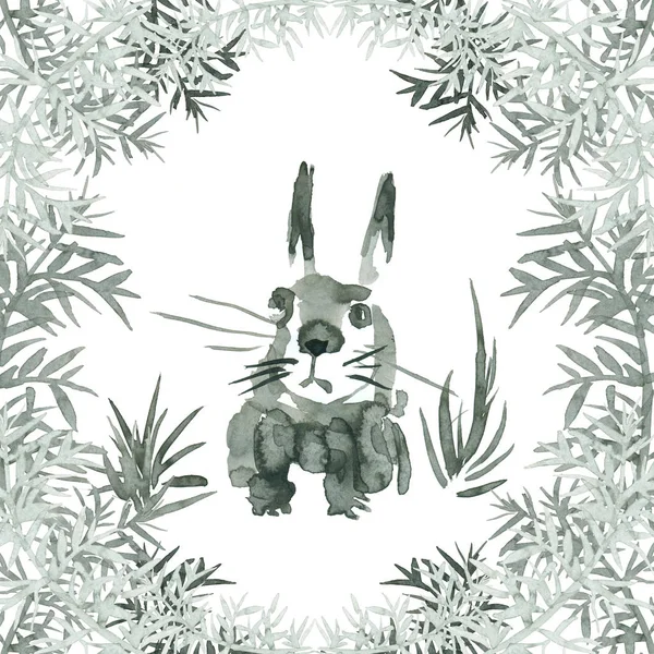 수채화 잔디에 토끼와 식물의 프레임 — 스톡 사진