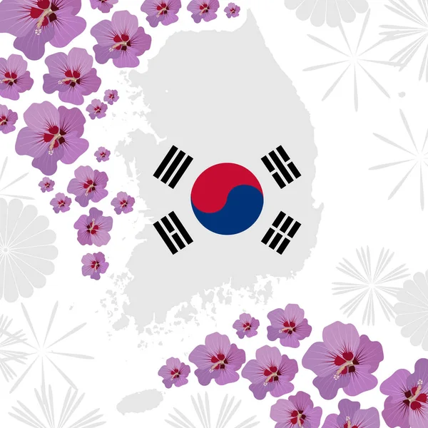 Dekorerad Med Hibiskus Och Abstrakt Fyrverkerier Sydkoreanska Karta För Befrielsen — Stock vektor