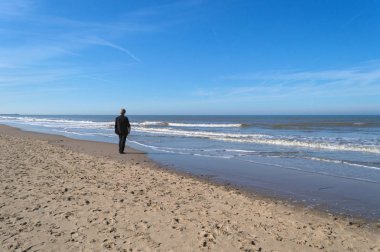 Ekim güneşli Scheveningen Plajı'nda deniz kenarında takım elbiseli adam