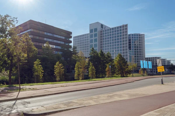 Vista Desde Acera Edificios Modernos Haya Con Árboles — Foto de Stock