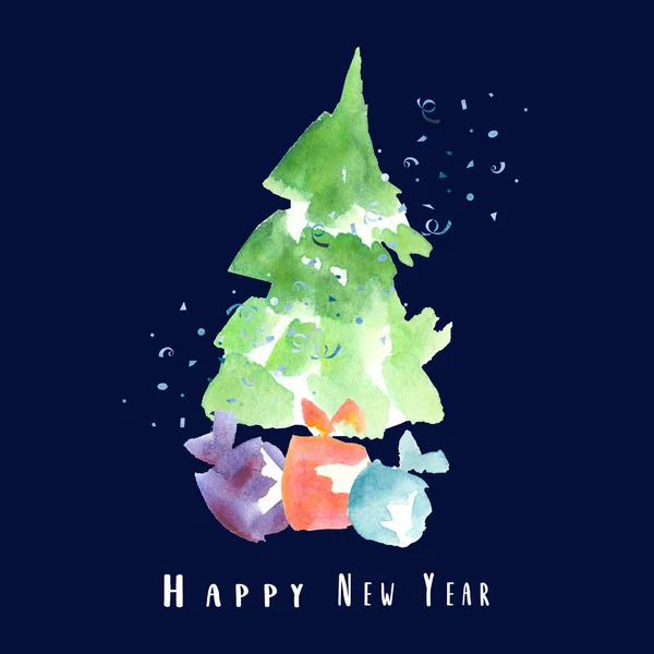 Happy New Year Card Watercolor Fir Tree Presents Isolated Dark — Stock Photo, Image