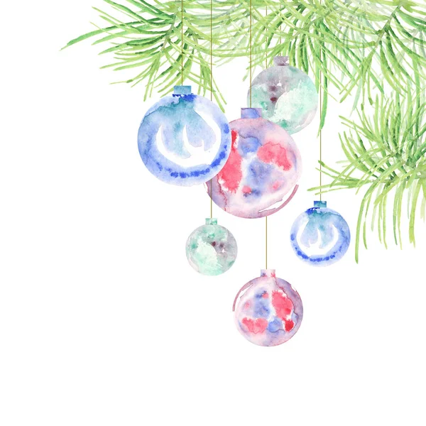 Opknoping Fir Tree Branch Aquarel Kerstballen Geïsoleerd Een Witte Achtergrond — Stockfoto