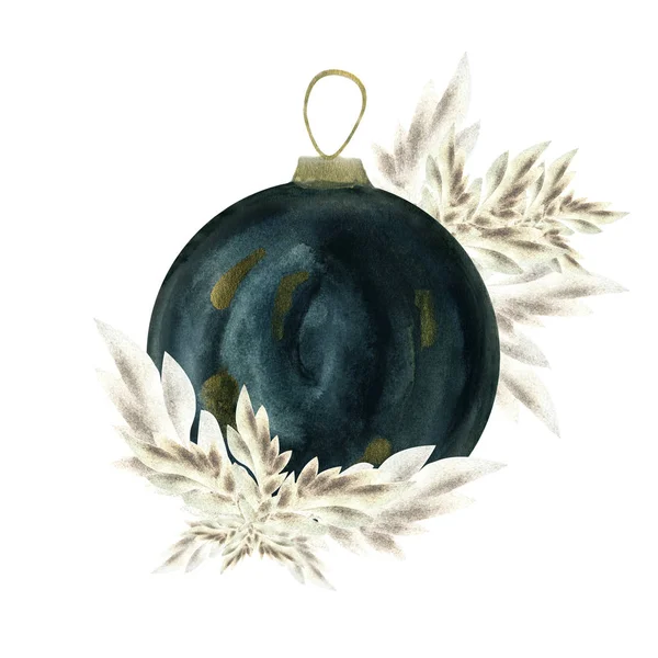 Decorato Con Foglie Dorate Nero Acquerello Palla Natale Isolato Sfondo — Foto Stock