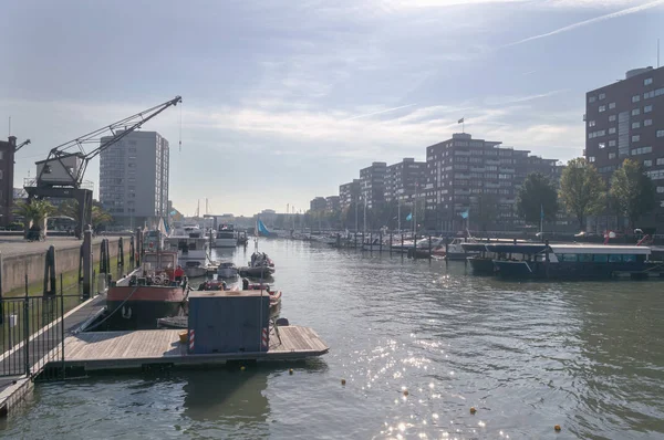 Bir Rotterdam kanallar cityscape ve güneş ışığı ile iskelede tekneler 