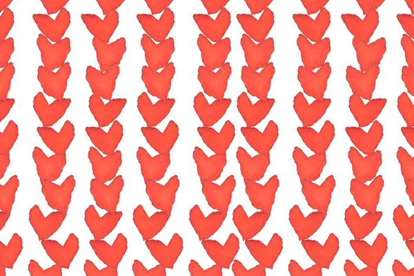 stock image pattern of cute red watercolor hearts in a vertical rows isolated on white background