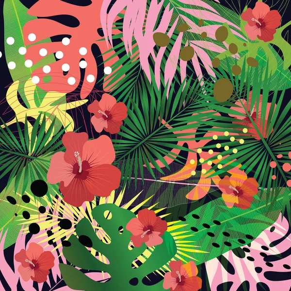 Motif Tropical Abstrait Décoratif Feuilles Fleurs Points Sur Fond Sombre — Image vectorielle
