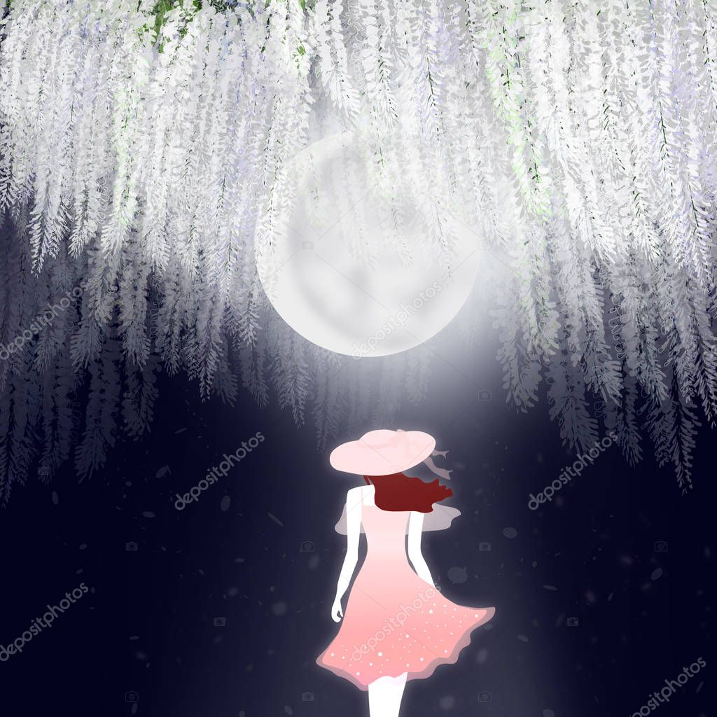 silhouette of woman in freely coral dress enjoying full moon in wisteria garden at night with flying petals