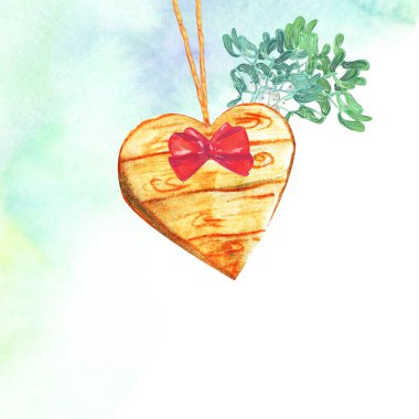 Ökse otu dalları ile suluboya ahşap kalp