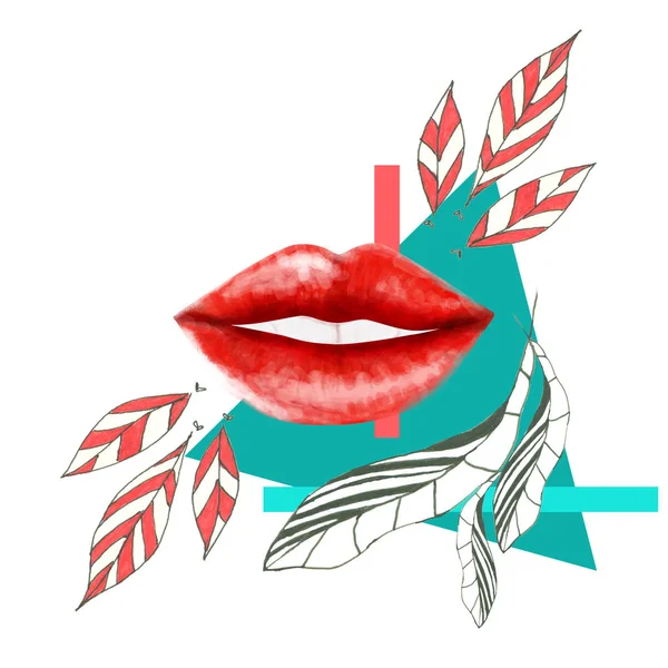 Lábios Sorridentes Vermelhos Com Formas Abstratas Penas Isoladas Fundo Branco — Fotografia de Stock