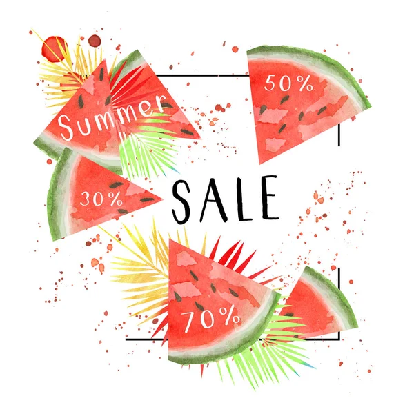Sommar Försäljning Bakgrund Med Akvarell Vattenmelon Skivor Och Abstrakt Palmblad — Stockfoto