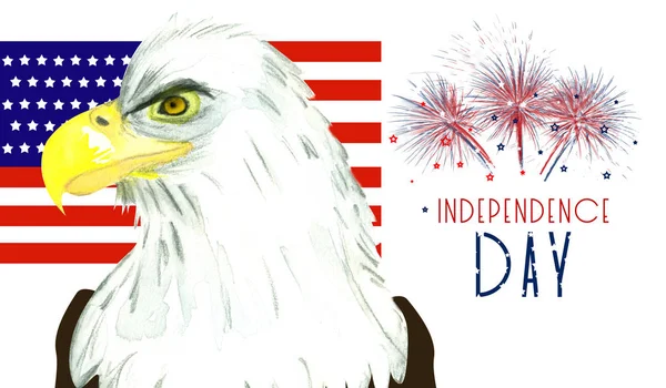 Tło Celebracja Dzień Niepodległości Usa Bald Eagle Flagi Fajerwerki — Zdjęcie stockowe