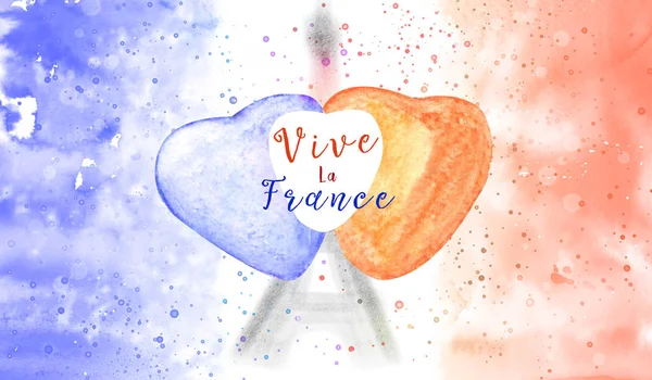 フランス国旗背景に フランス万歳 エッフェル塔と つの色で心シルエットのテキスト — ストック写真