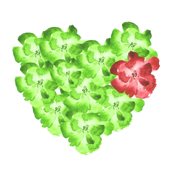Сердце Формы Акварели Зеленые Красные Цветы — стоковое фото
