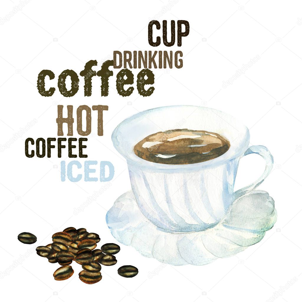 watercolor coffee cup with roasted coffee beans with text for different type of coffee drink