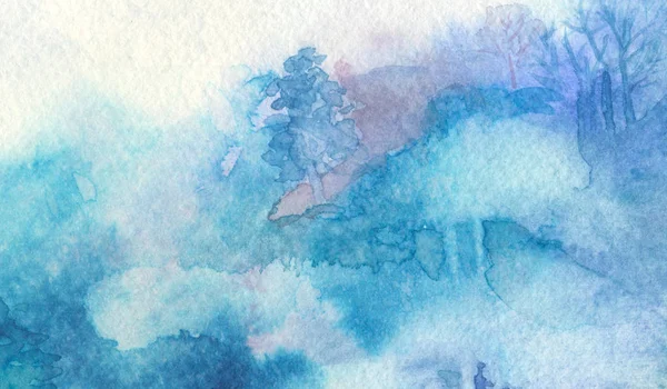 Голубой Фиолетовый Акварельный Фон Силуэтами Деревьев Акварельной Бумаге — стоковое фото